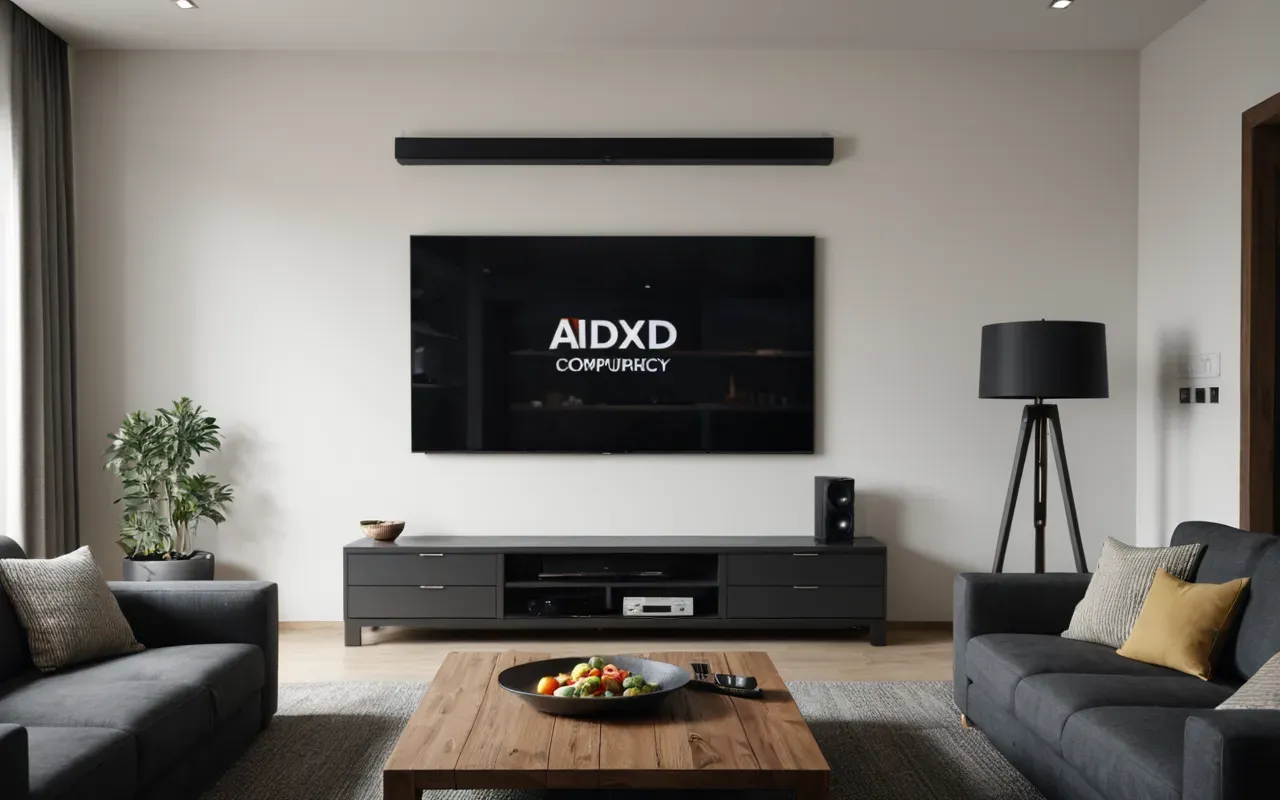 A wide shot of a modern living room with comfortable seating and a large television screen turned off. The space is clean and organized suggesting a place where people relax and enjoy leisure time together.