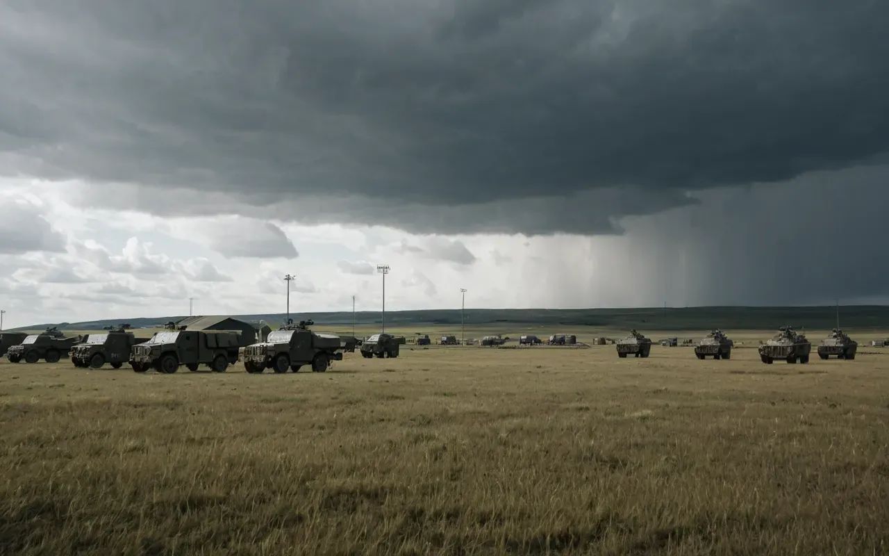 A wide shot of a vast open field with scattered military vehicles and structures under a cloudy sky suggesting a large scale tactical engagement area in a modern setting