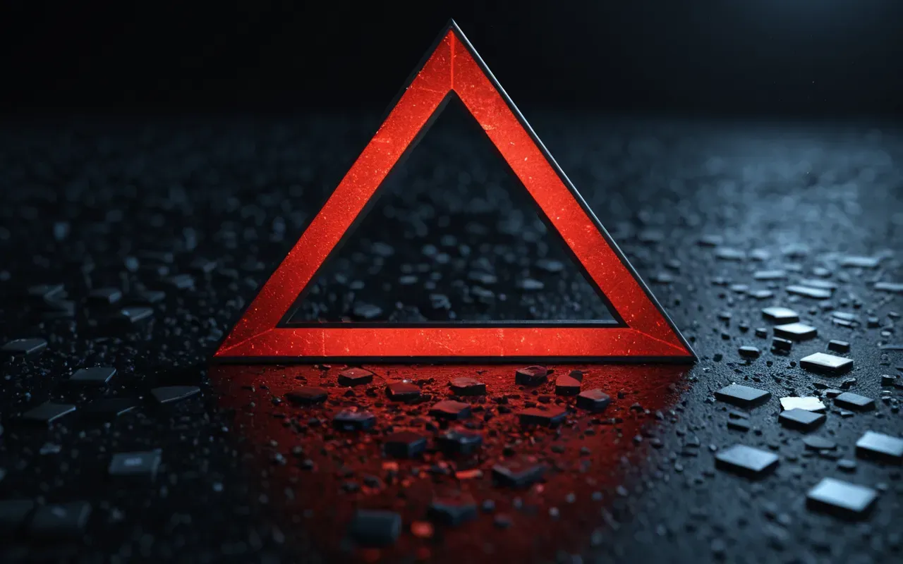 Abstract digital illustration of a red warning triangle floating above a dark surface with scattered glowing data points and fragmented geometric shapes in deep blue tones.