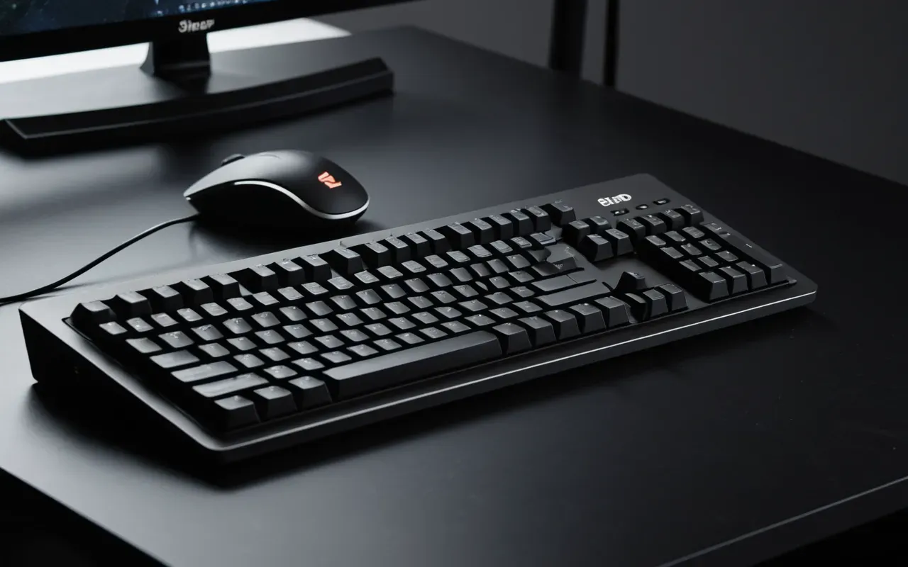 clean desk setup An overhead shot of a clean minimalist desk setup featuring a mechanical keyboard and mouse on a dark matte surface with no visible cables or clutter