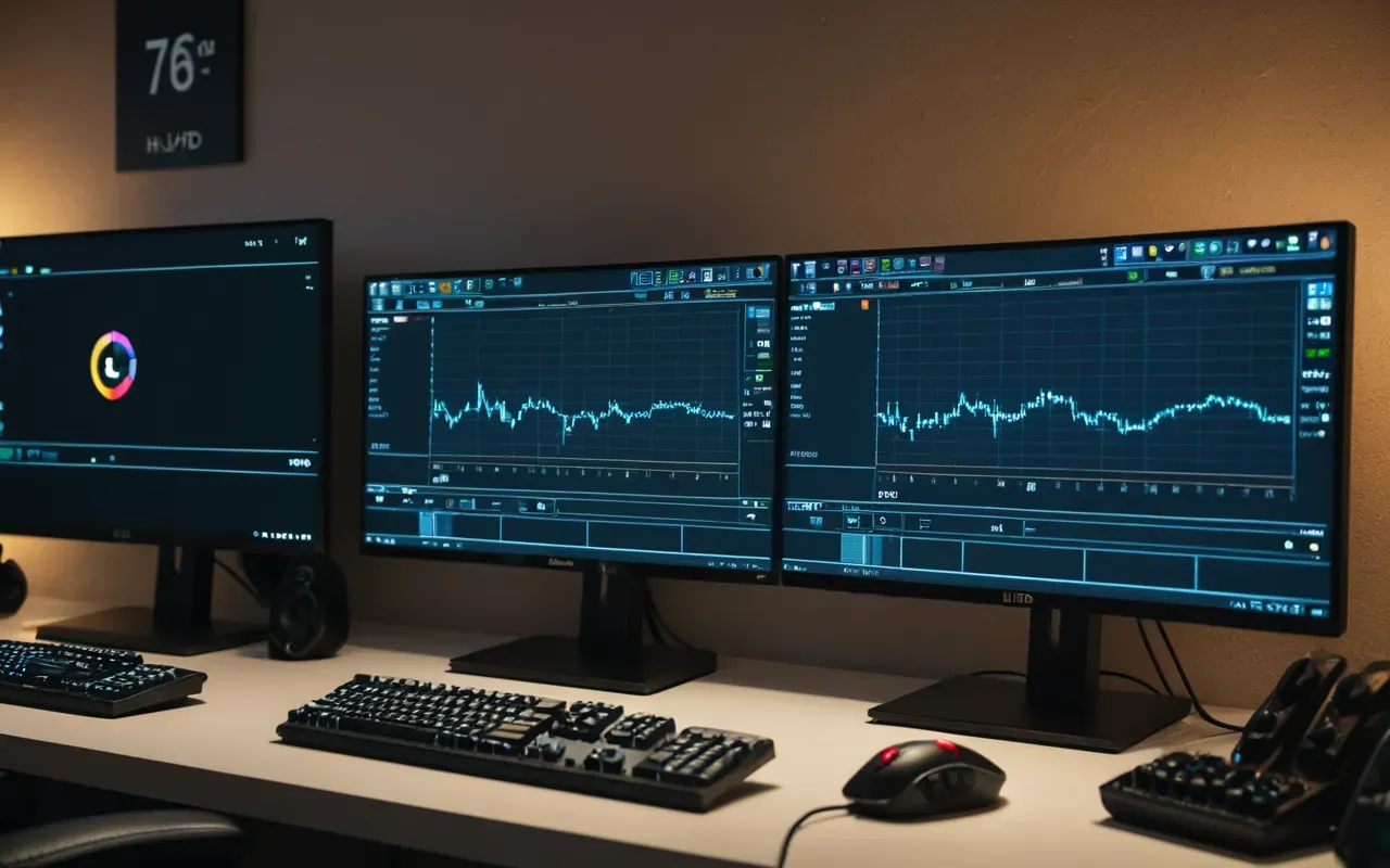 Close-up editorial shot of a modern gaming setup with dual high-resolution monitors displaying abstract color patterns, soft ambient lighting, neutral tones, shallow depth of field