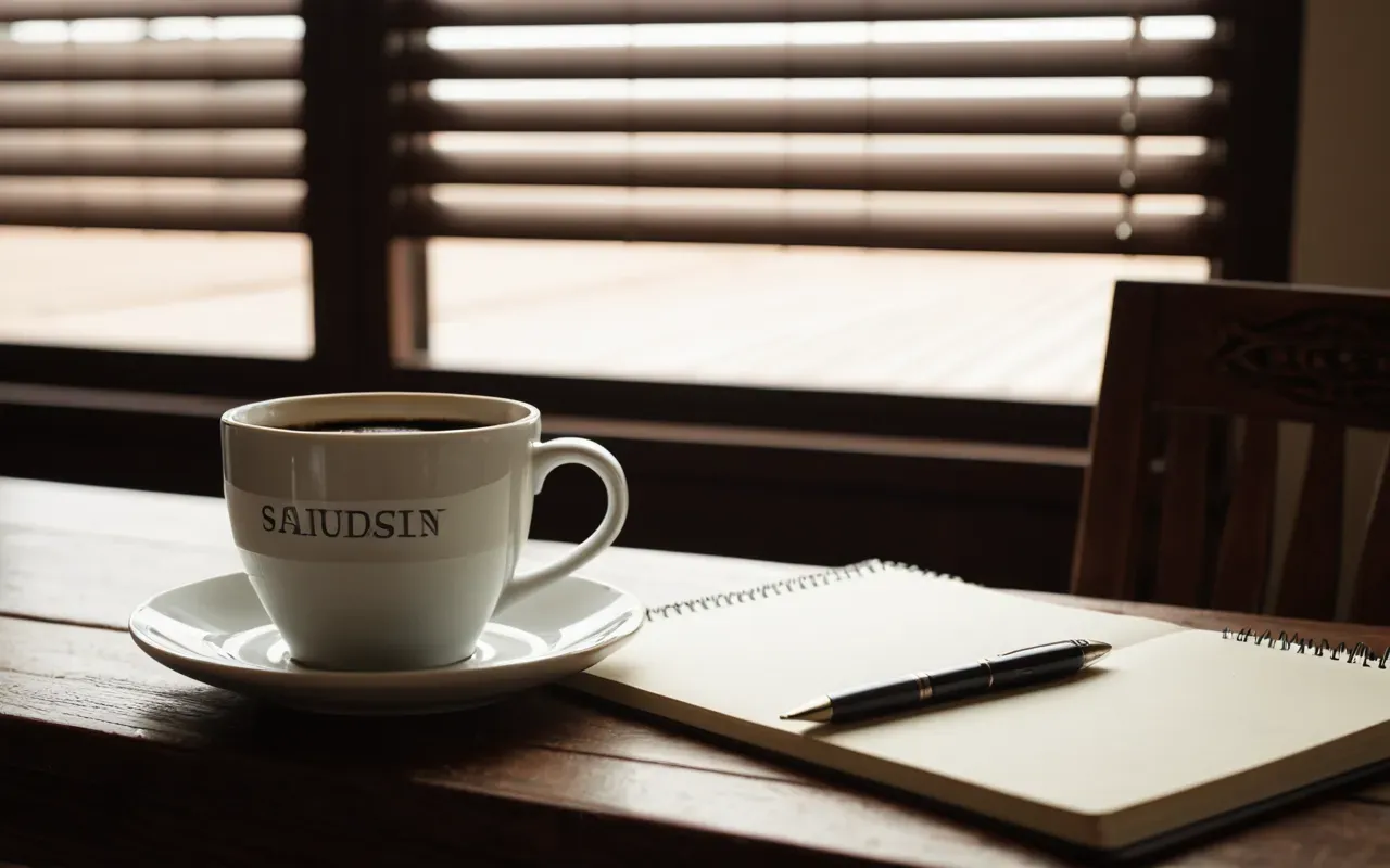 Close-up editorial still life of a ceramic coffee cup and a notebook on a wooden table with soft natural daylight filtering through nearby window blinds