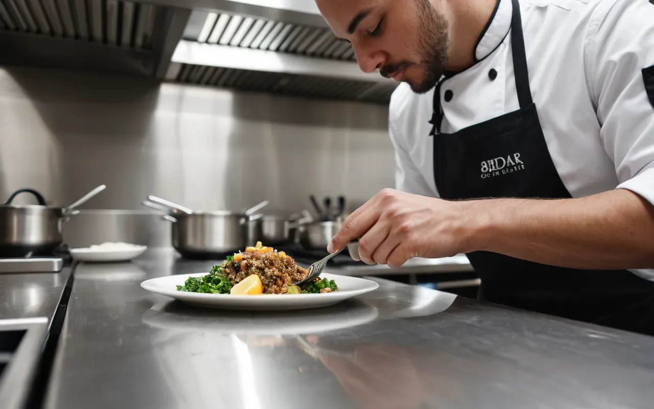 Close-up of a chef plating contemporary cuisine in a clean stainless-steel professional kitchen with shallow depth of field highlighting the precision and focus required for detailed work