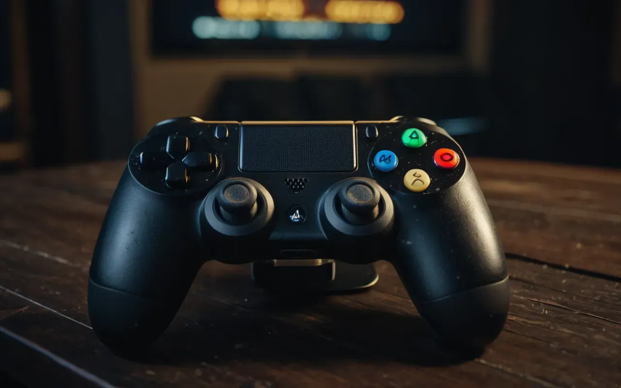 Close-up of a gaming controller with worn buttons and RGB lighting in a dark room, shallow depth of field