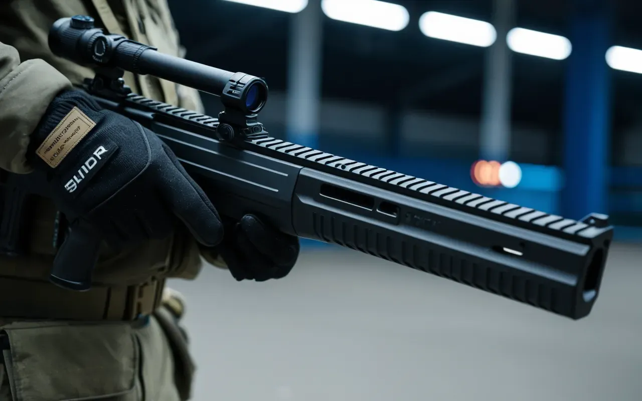 Close-up of a gloved hand gripping a modern tactical rifle handle in a dimly lit indoor arena with soft blue ambient lighting and shallow depth of field.
