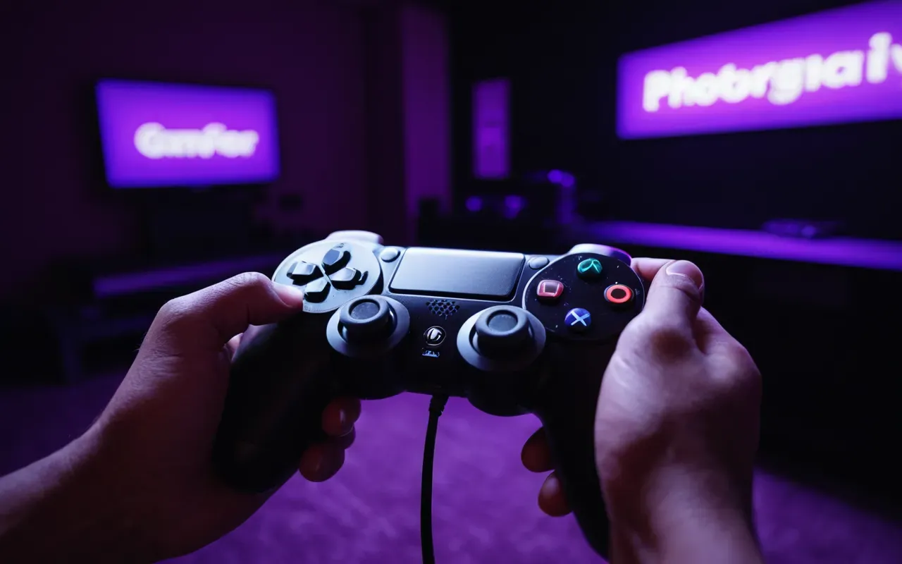 Close up of a hand holding a game controller with glowing buttons in a dark room lit by purple ambient light strips