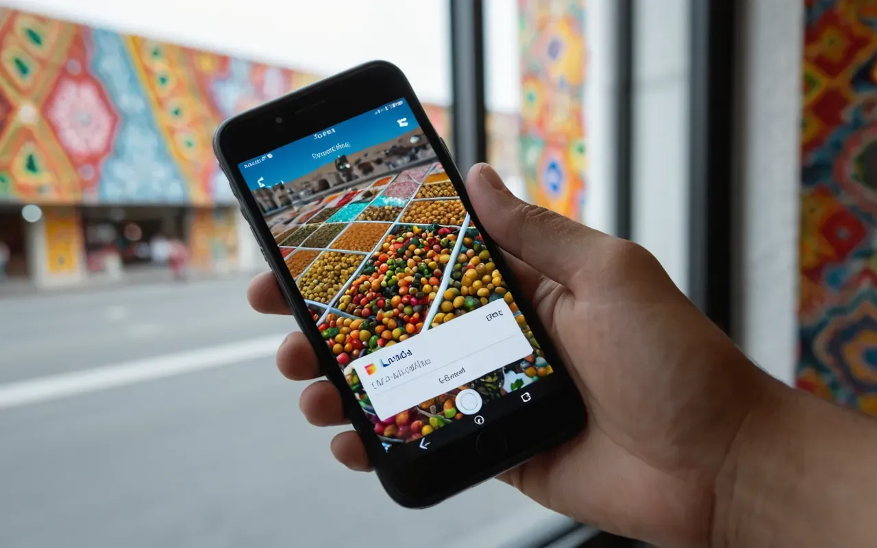 Close up of a hand holding a smartphone with a colorful abstract wallpaper in bright natural daylight near a window