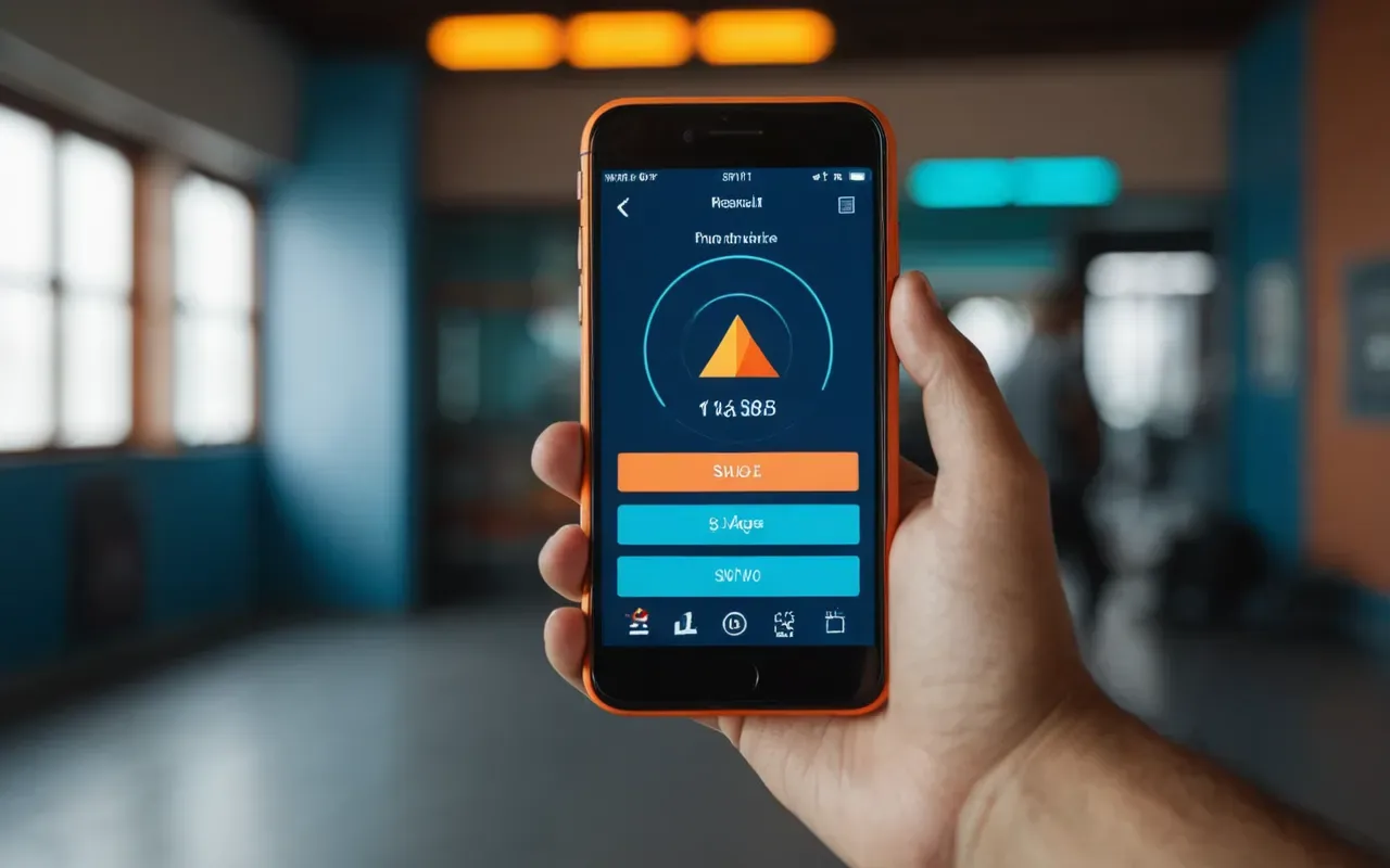 Close up of a hand holding a smartphone displaying a colorful interface with abstract geometric shapes in blue and orange tones under soft studio lighting focusing on the screen content