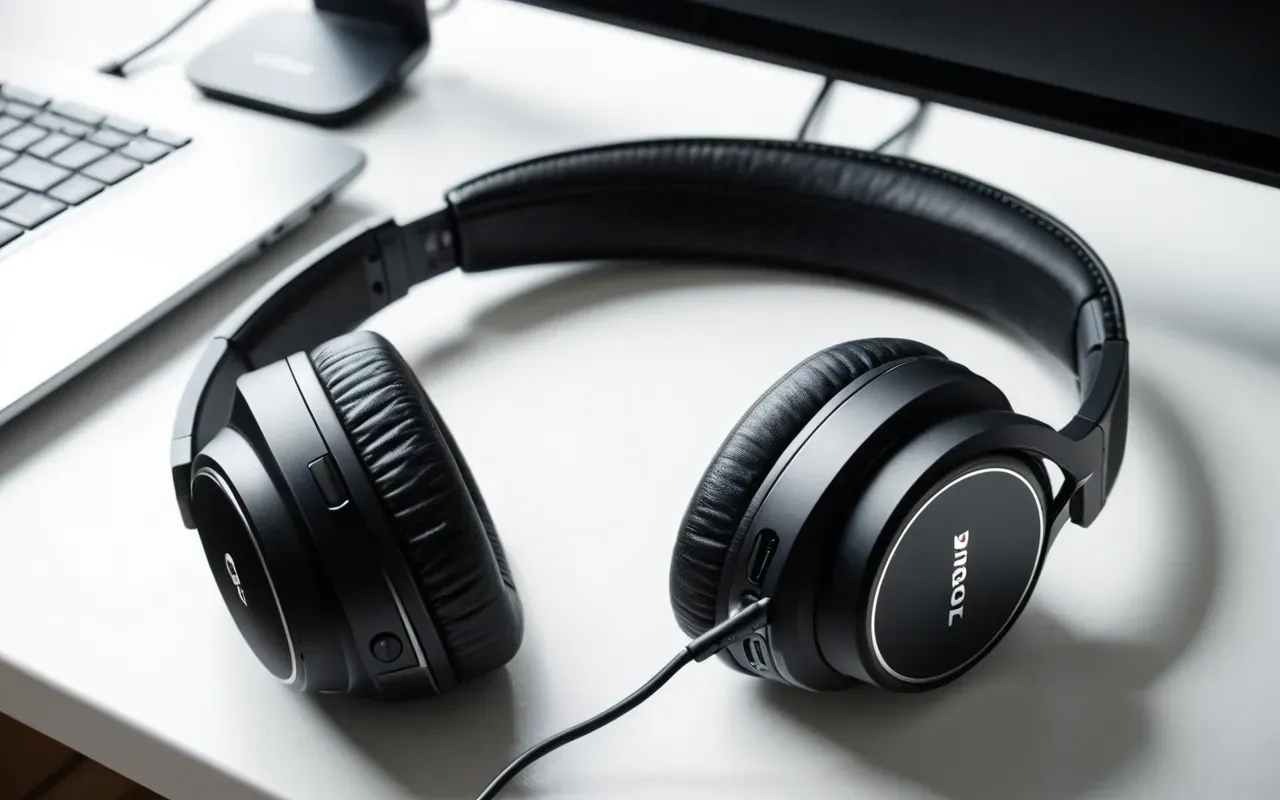 Close up of a modern gaming headset resting on a clean white desk surface with soft diffused lighting highlighting the texture of the fabric.