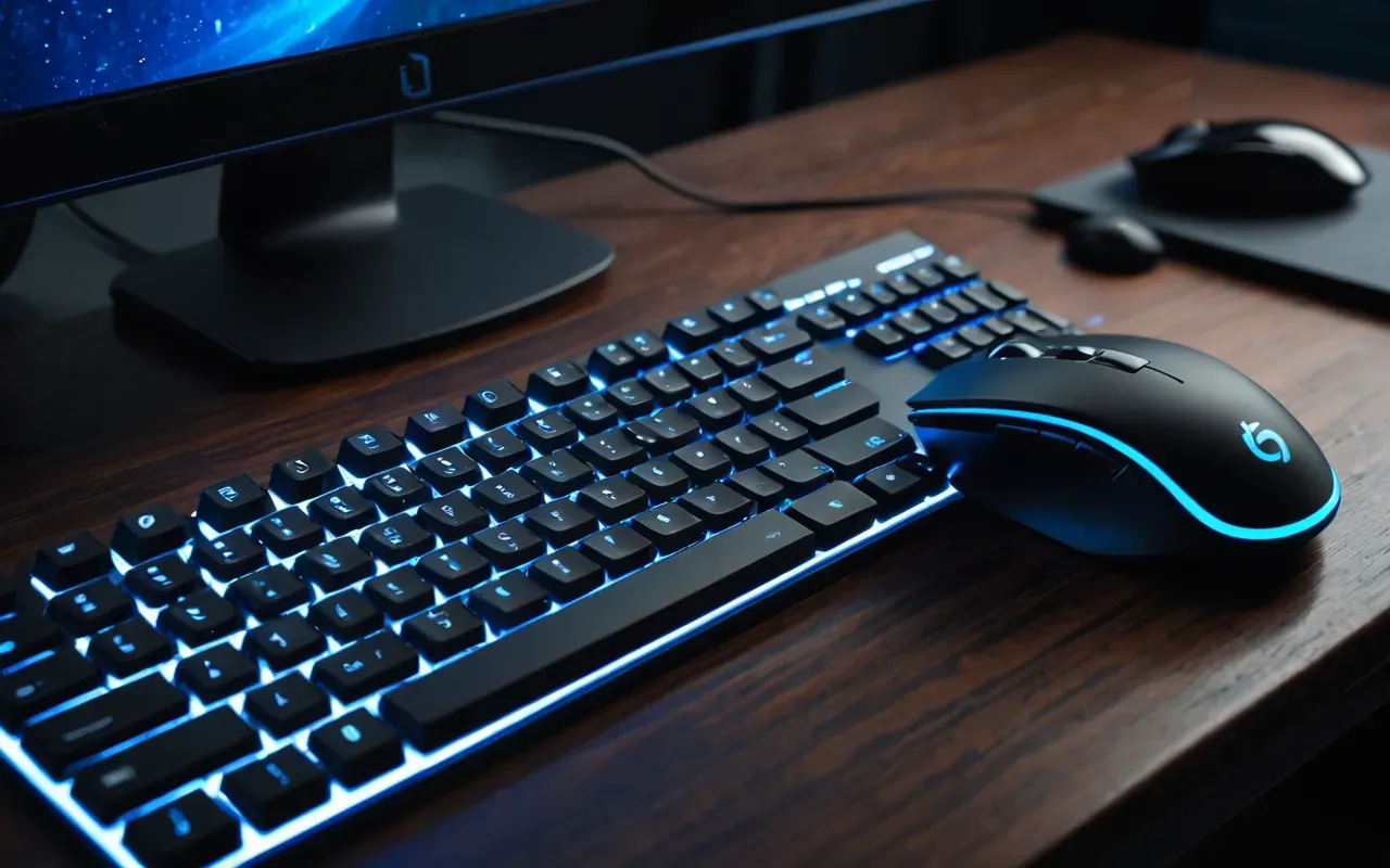 Close up of a modern gaming mouse and keyboard setup with glowing blue backlighting on a dark wooden desk surface showing subtle wear marks from heavy use.