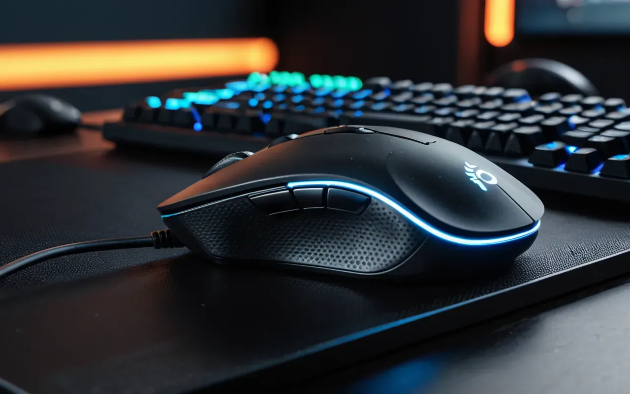 Close-up of a modern gaming mouse with glowing RGB lights on a dark desk mat next to a mechanical keyboard