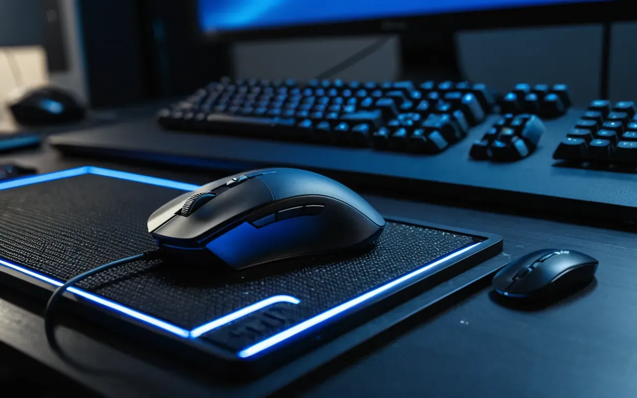 Close up of a modern gaming mouse with illuminated scroll wheel on a dark textured desk mat next to a mechanical keyboard, soft blue ambient lighting from the side