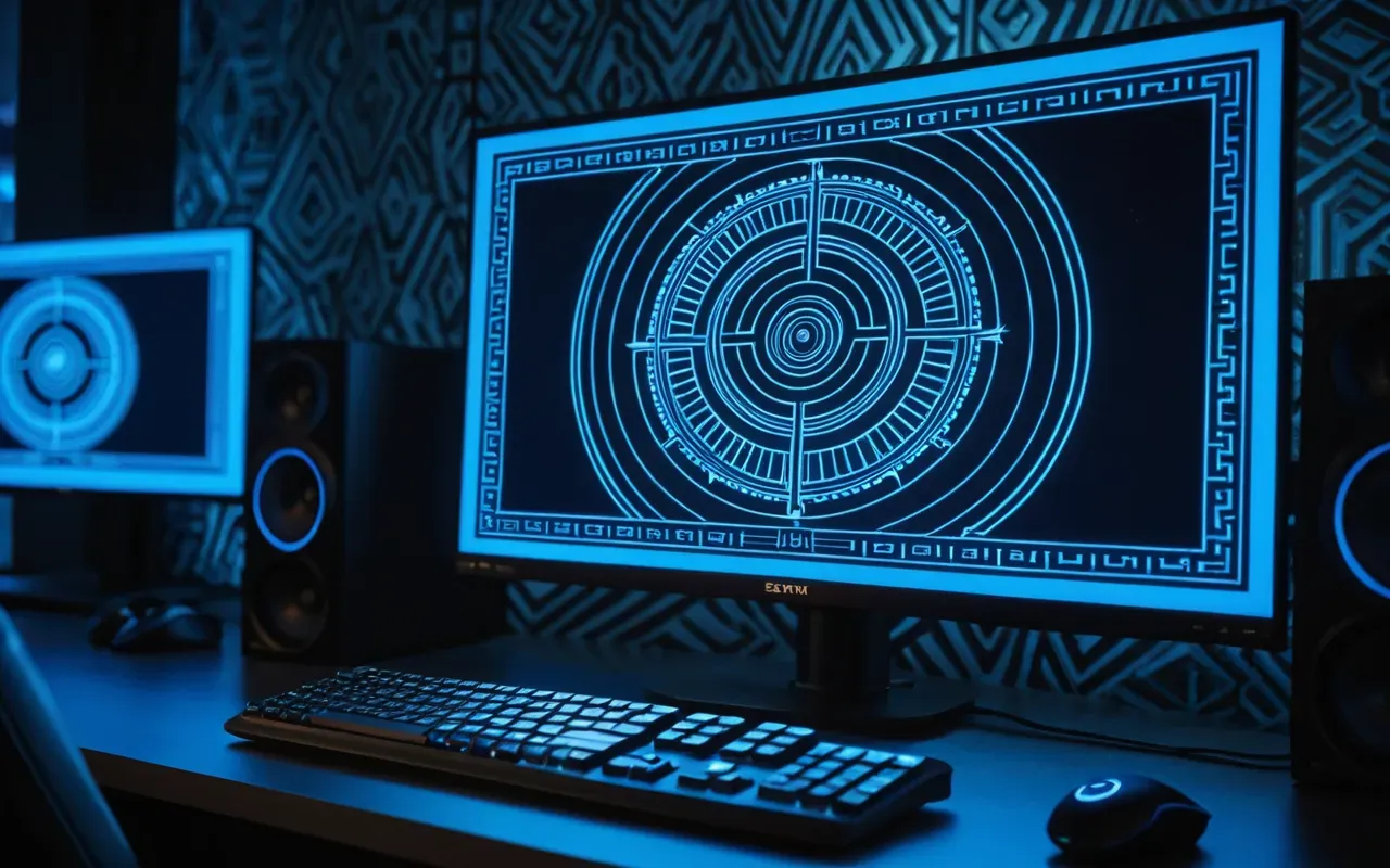 Close-up of a modern gaming setup with high-refresh-rate monitor displaying abstract geometric patterns on screen, soft blue ambient lighting from LED strips in dark room