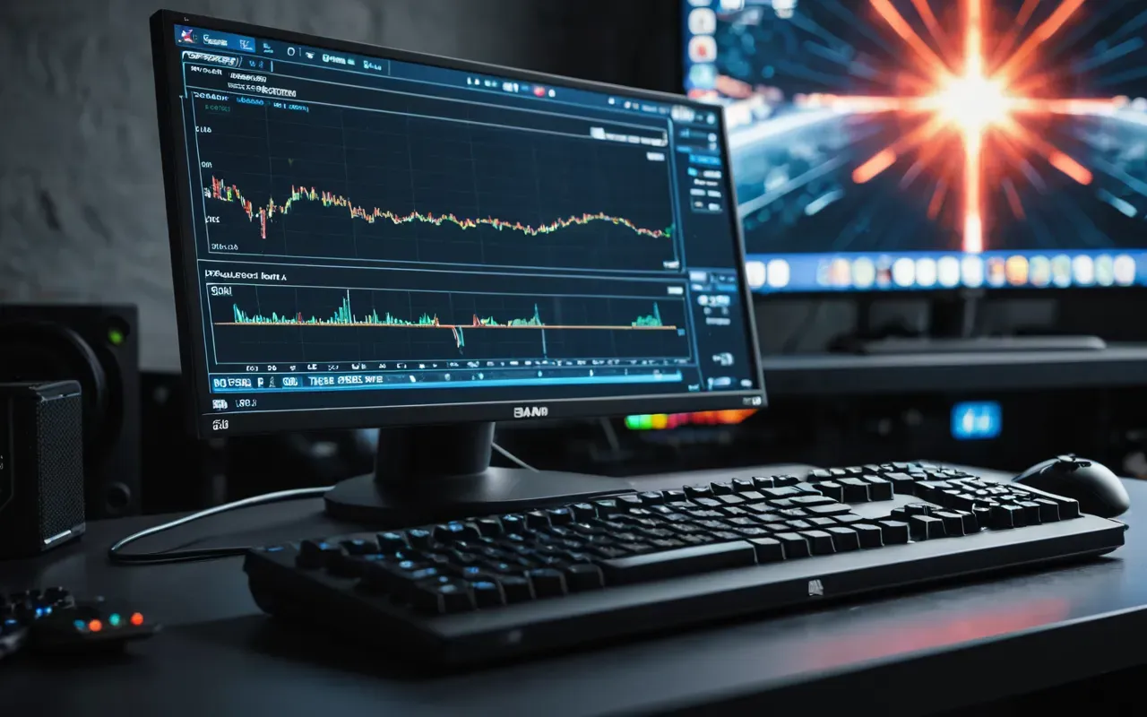 Close-up of a modern gaming setup with a high-refresh-rate monitor displaying vibrant abstract graphics in the background, focused on a mechanical keyboard and mouse with soft ambient RGB lighting