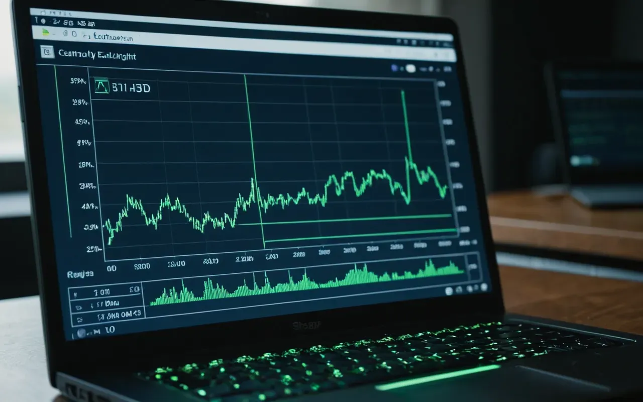 Close-up of a modern laptop screen displaying abstract data graphs in blue and green tones with soft ambient lighting from the room around it
