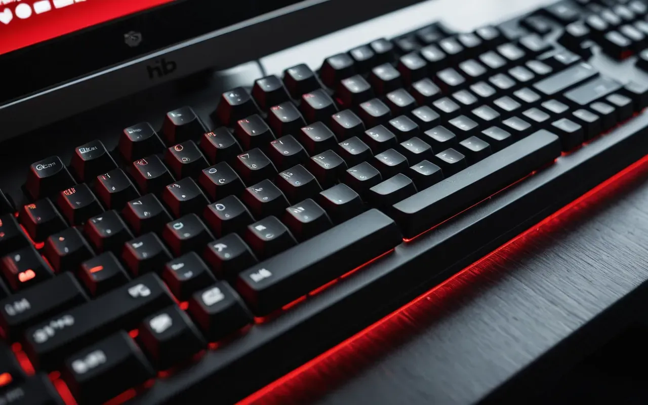 Close-up of a modern mechanical keyboard with backlit keys in red and white tones sitting on a dark desk surface with shallow depth of field
