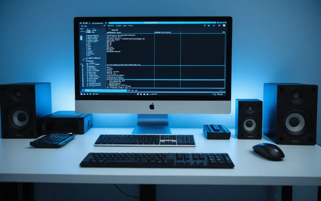 Close up of a modern minimalist desk setup with a single monitor and keyboard under soft blue ambient lighting in a clean room corner