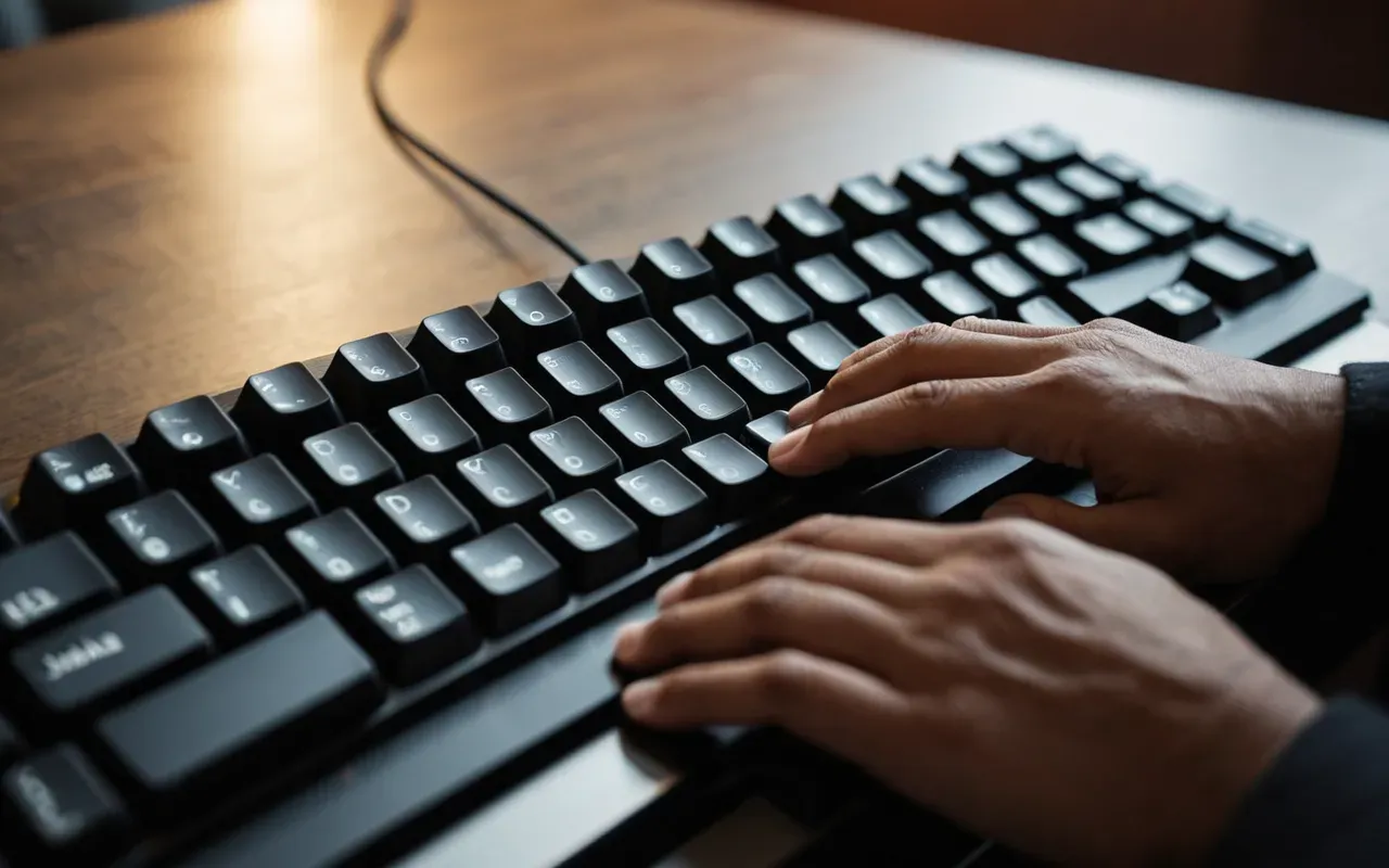 Close up of a pair of hands typing on a mechanical keyboard with soft warm lighting and shallow depth of field blurring the background.