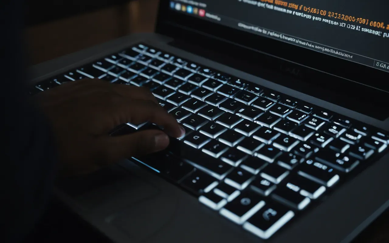 Close-up of a person hands typing on a laptop keyboard in a dark room with only the screen light illuminating their fingers and face partially visible