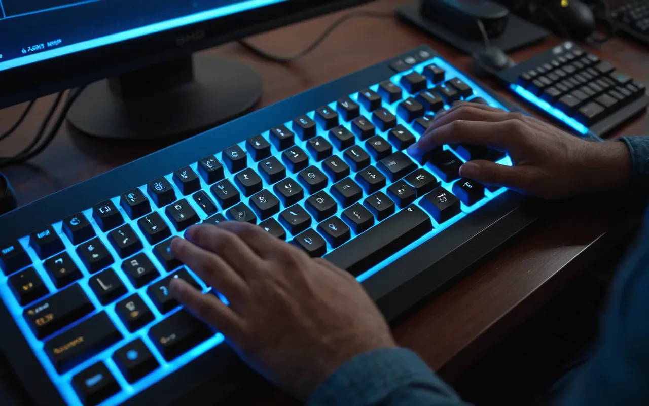 Close-up of a person's hands hovering nervously over a mechanical keyboard in a dimly lit room with blue LED lighting and a blurred monitor background showing abstract colorful shapes without any readable text.