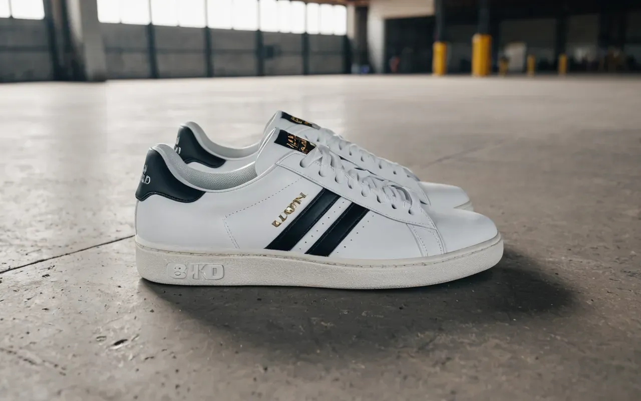 Close up of a white sneaker on a concrete floor with soft shadows indicating movement and dynamic positioning in an industrial setting