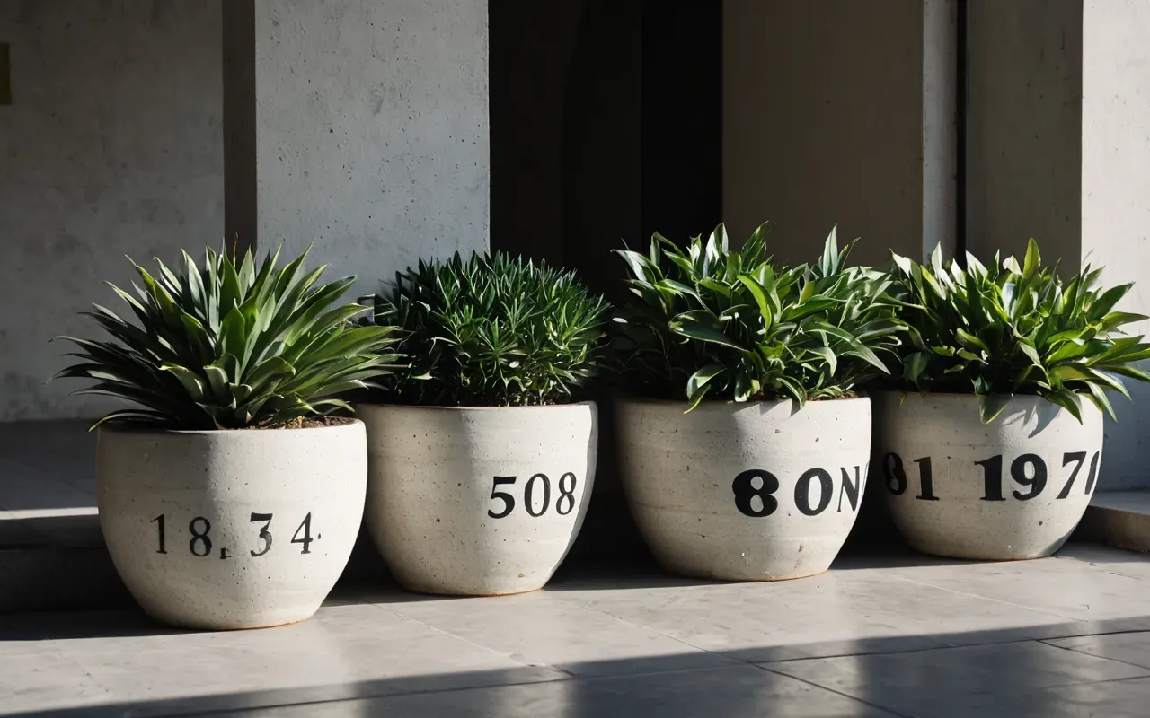 Close-up of ceramic planters with green foliage on a concrete floor, soft shadows and natural light, minimalist style