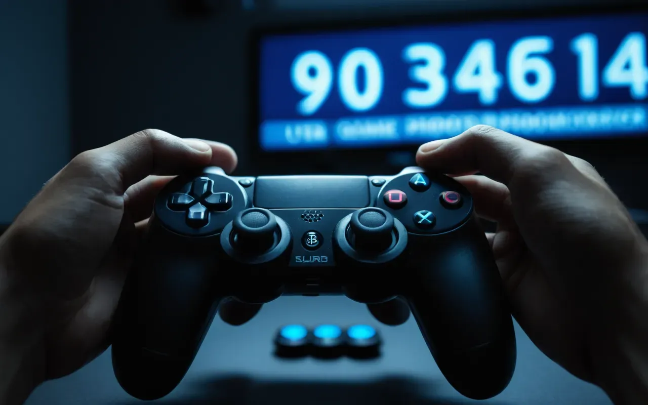 Close up of hands holding a black game controller with blue backlighting in a dim room showing focus and tension on the fingers pressing buttons