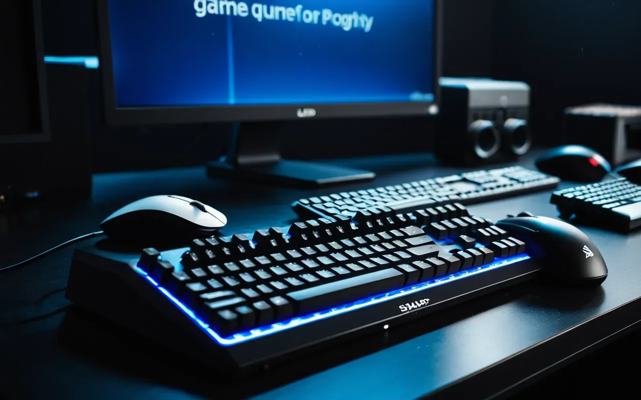 Close-up photograph of a high-end gaming mouse and mechanical keyboard on a dark desk surface with soft blue LED lighting in the background