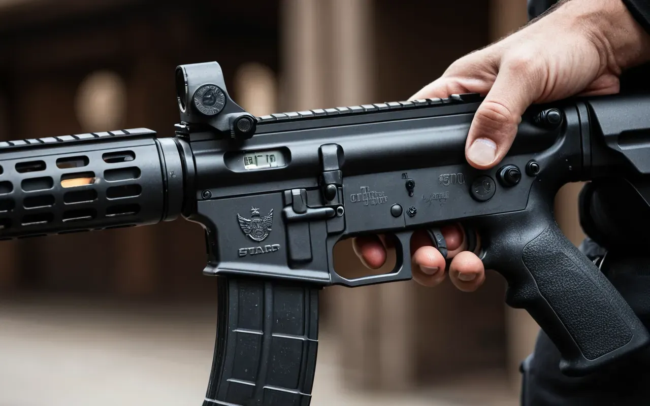 Close up photograph of a human hand gripping a matte black tactical rifle with blurred background highlighting the texture of the grip and trigger assembly