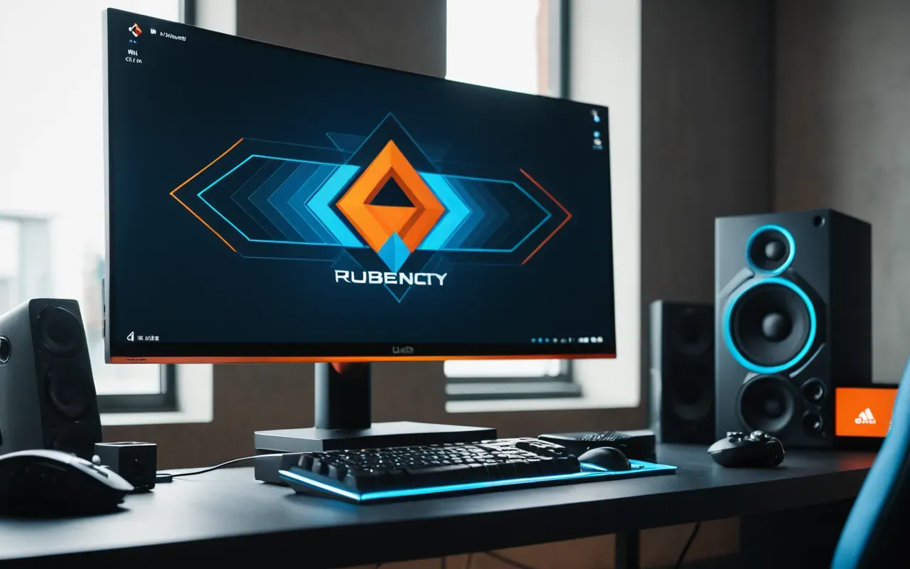 gaming monitor clarity Close-up view of a modern gaming setup with a high-refresh-rate monitor displaying abstract geometric shapes in soft blue and orange tones, clean desk environment with mechanical keyboard and mouse, cool ambient lighting focused on the screen center to highlight visual clarity without any readable text or logos.