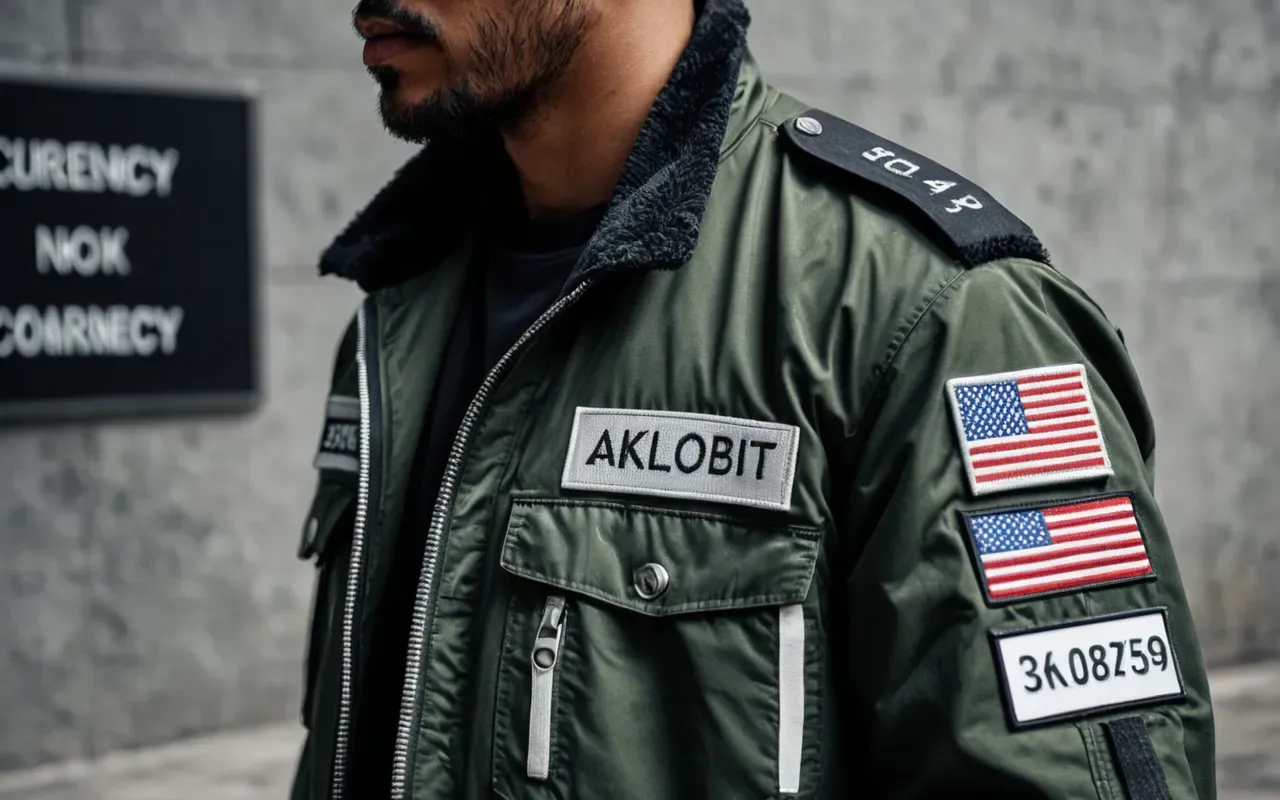 Editorial still life of a futuristic military style jacket with reflective fabric panels on a concrete surface under studio lighting showing texture details clearly