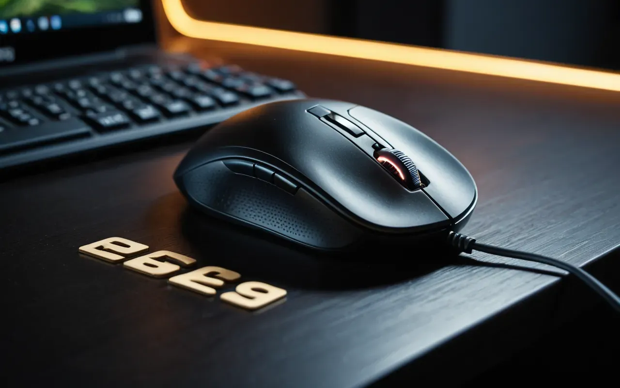 Editorial still life of a modern gaming mouse on a dark desk surface with soft overhead lighting and shallow depth of field.