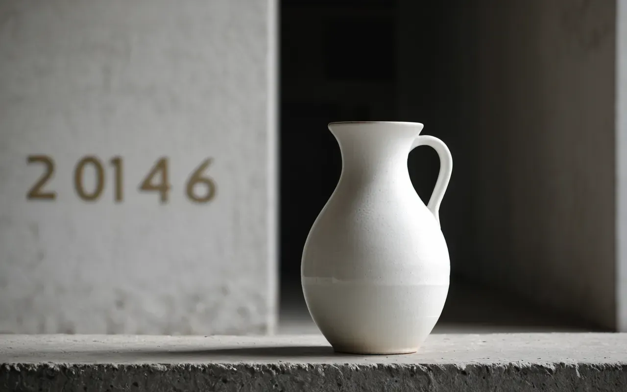 minimalist aesthetic Editorial still life of a white ceramic vase on a concrete surface with soft diffused lighting and neutral tones to represent clean minimalism without any text or logos.
