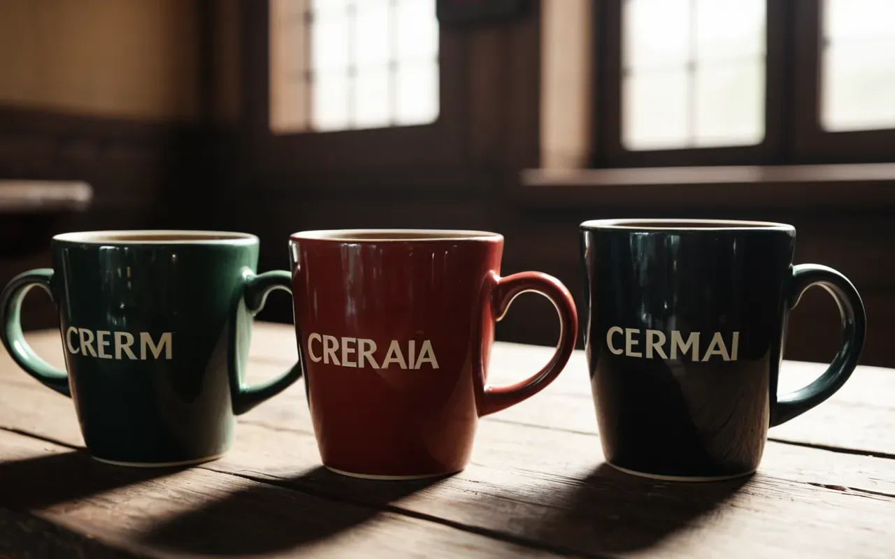 Editorial still life of two different colored mugs on a wooden table with soft natural light from the left side creating gentle shadows and highlighting the ceramic texture