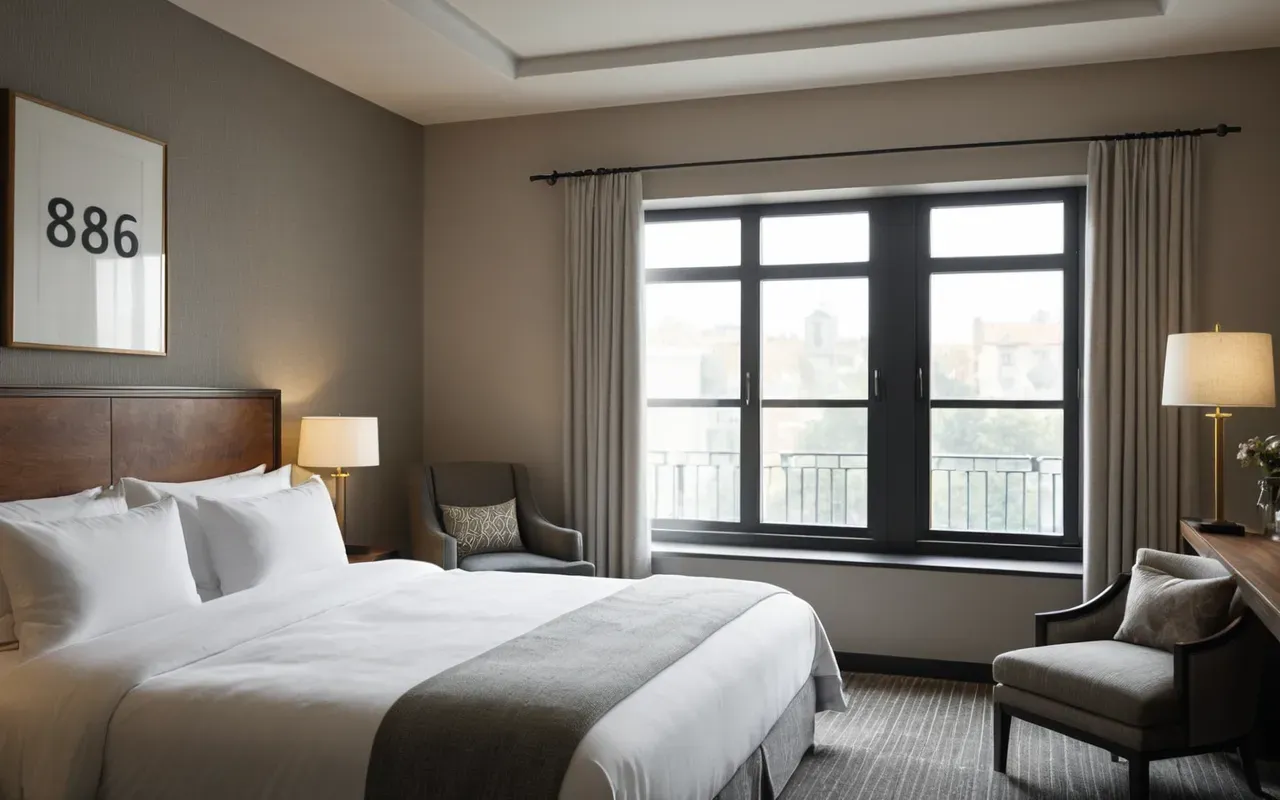 Interior of a modern boutique hotel suite with a made bed and neutral linens bathed in soft morning light from large windows creating a serene and organized atmosphere suitable for focused work or relaxation