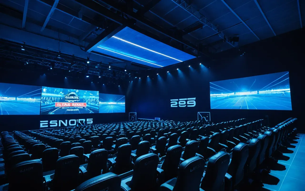 Interior of a modern esports arena with rows of empty gaming chairs and large screens in the background under cool blue lighting