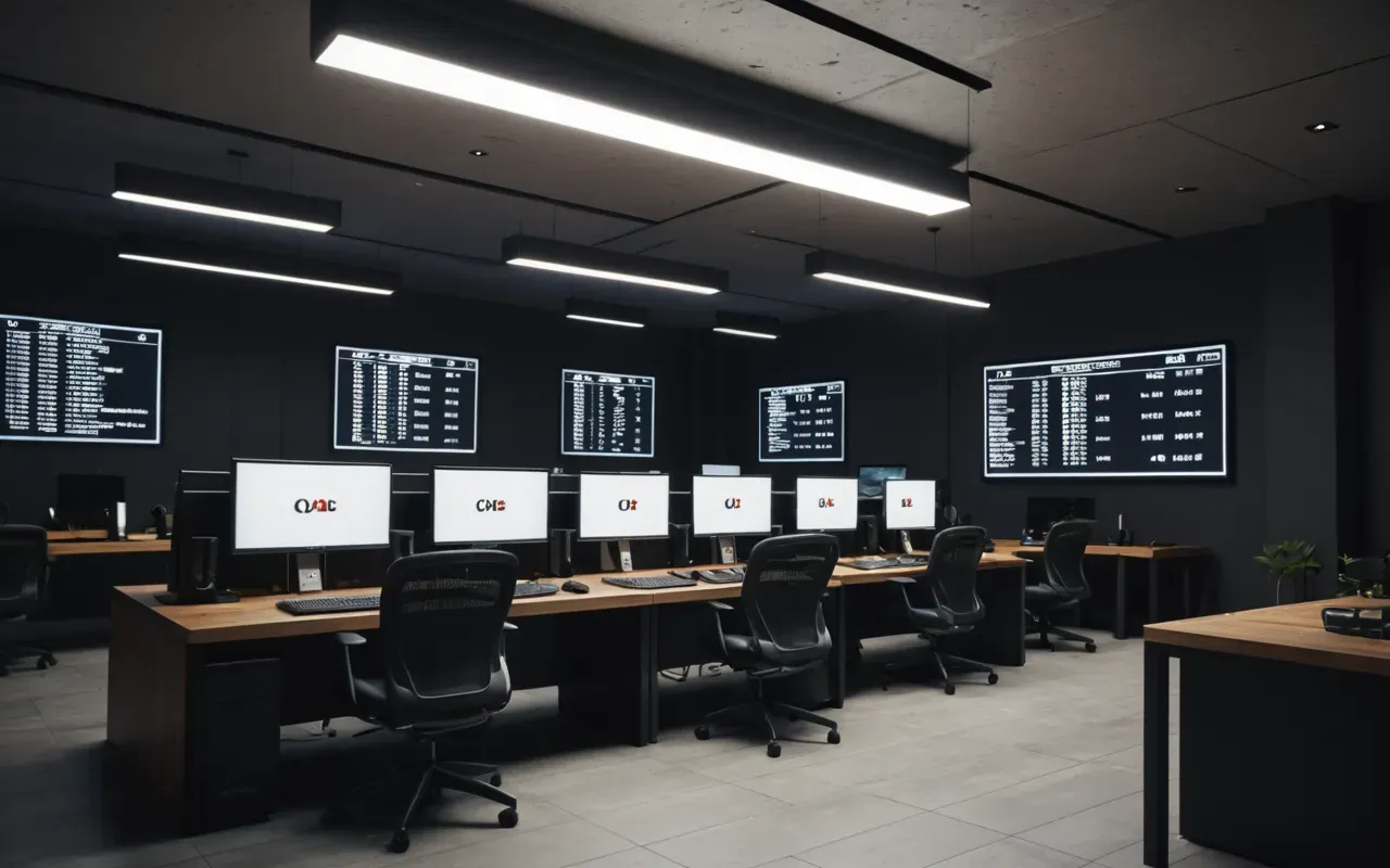 Interior of a modern minimalist room with a desk setup featuring multiple monitors and soft ambient lighting from ceiling fixtures.