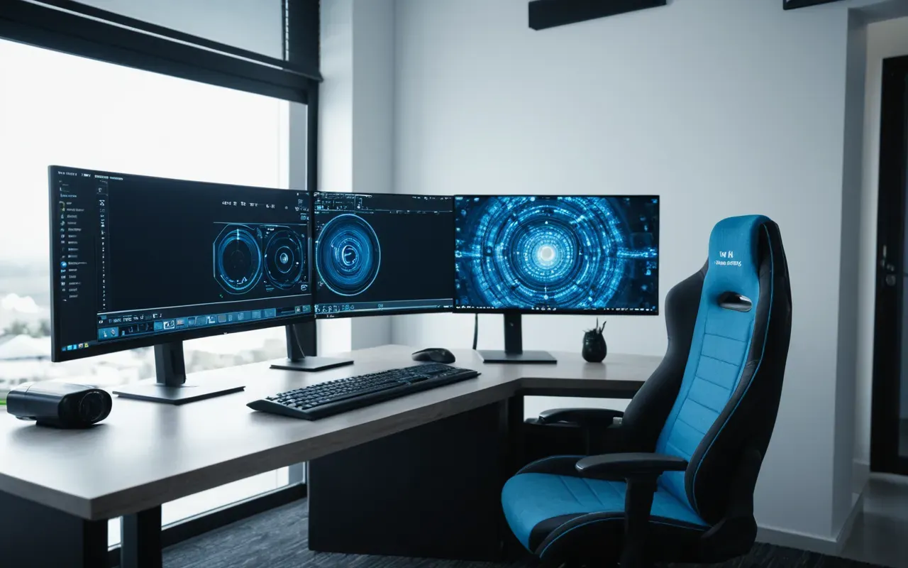 Interior shot of a modern home office with ergonomic chair and dual computer monitors displaying abstract graphics in cool blue tones