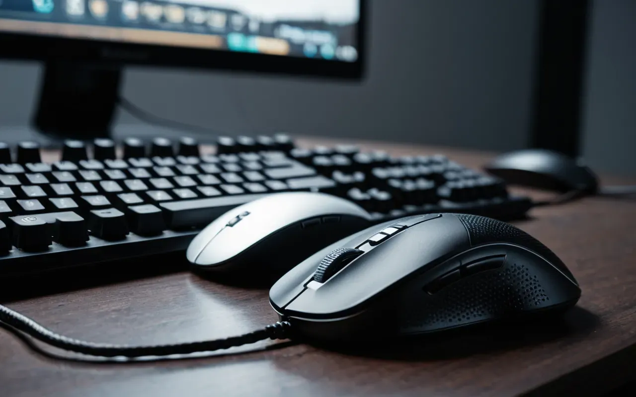 Macro shot of a computer mouse with braided cable on a dark desk surface next to a mechanical keyboard with neutral grey keycaps under cool white light