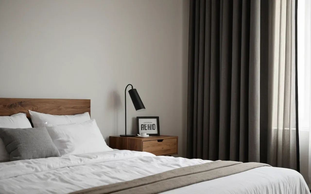 Modern minimalist bedroom with white bedding and wooden nightstand, soft morning light through sheer curtains, calm atmosphere