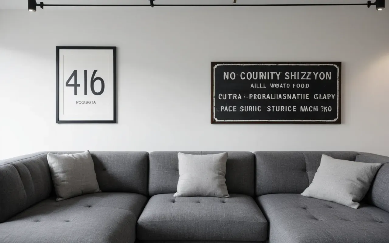 Modern minimalist living room with grey sofa and abstract art on white walls, soft diffused lighting, clean composition