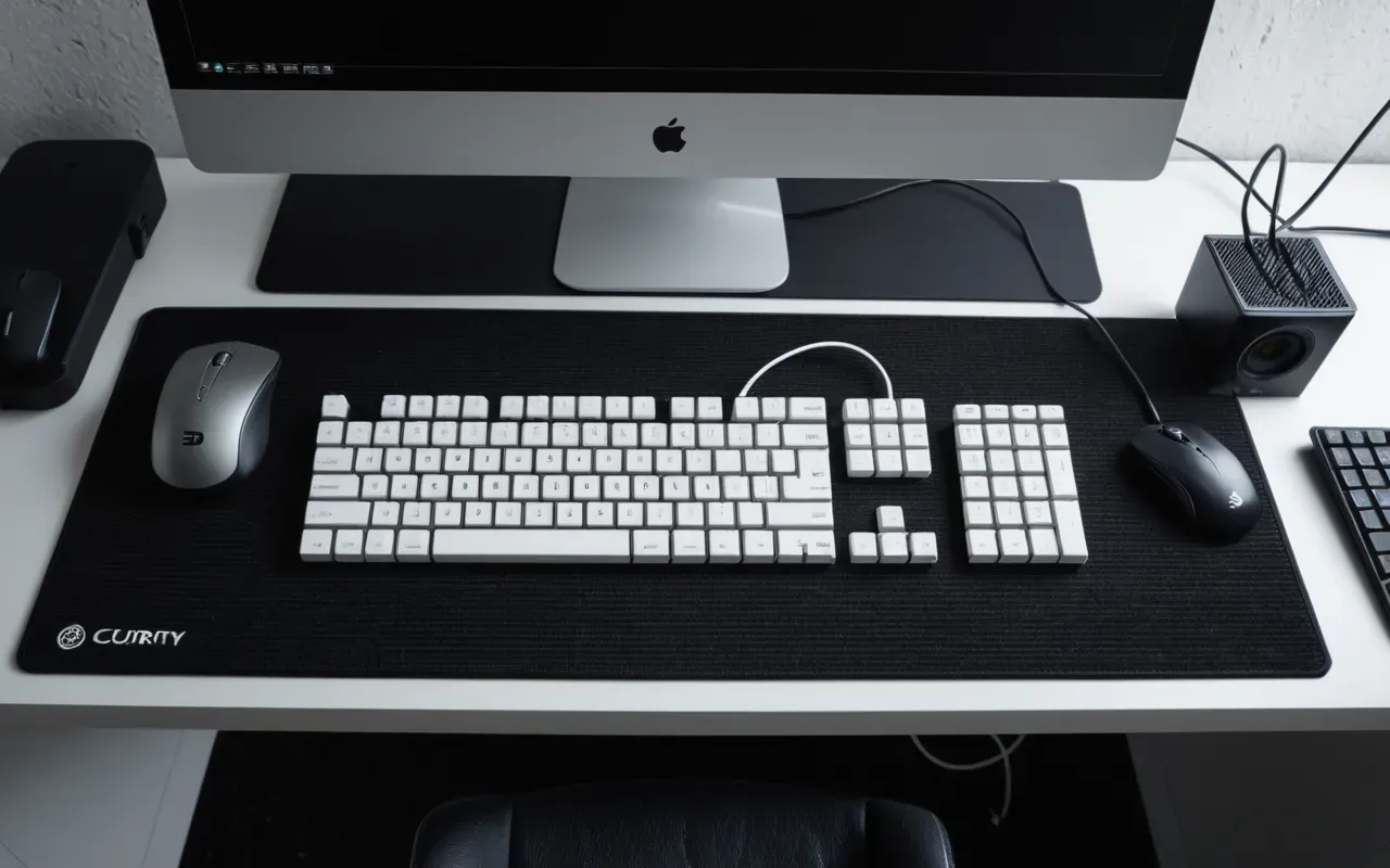 Overhead view of a clean desk setup with a keyboard and mouse on a dark mat showing organized cables and minimal accessories under cool white light
