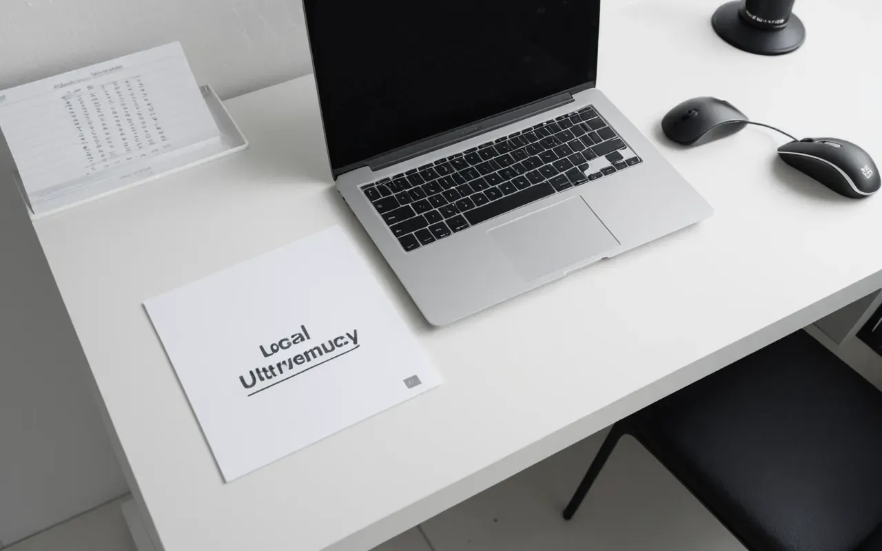Overhead view of a clean white desk with a laptop and mouse positioned centrally under soft studio lighting