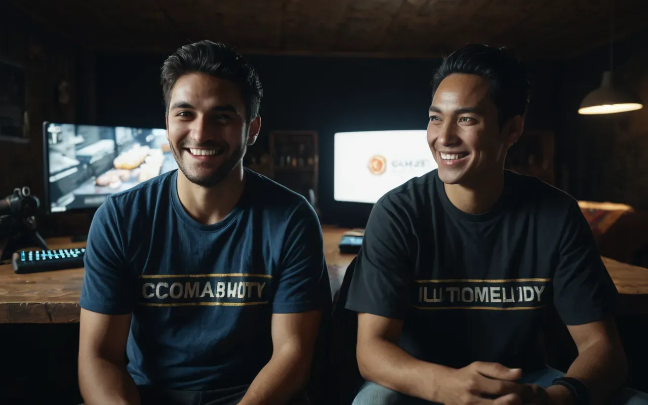Two gamers sitting side by side in a dark room looking at their screens with different expressions one smiling and one frowning slightly.