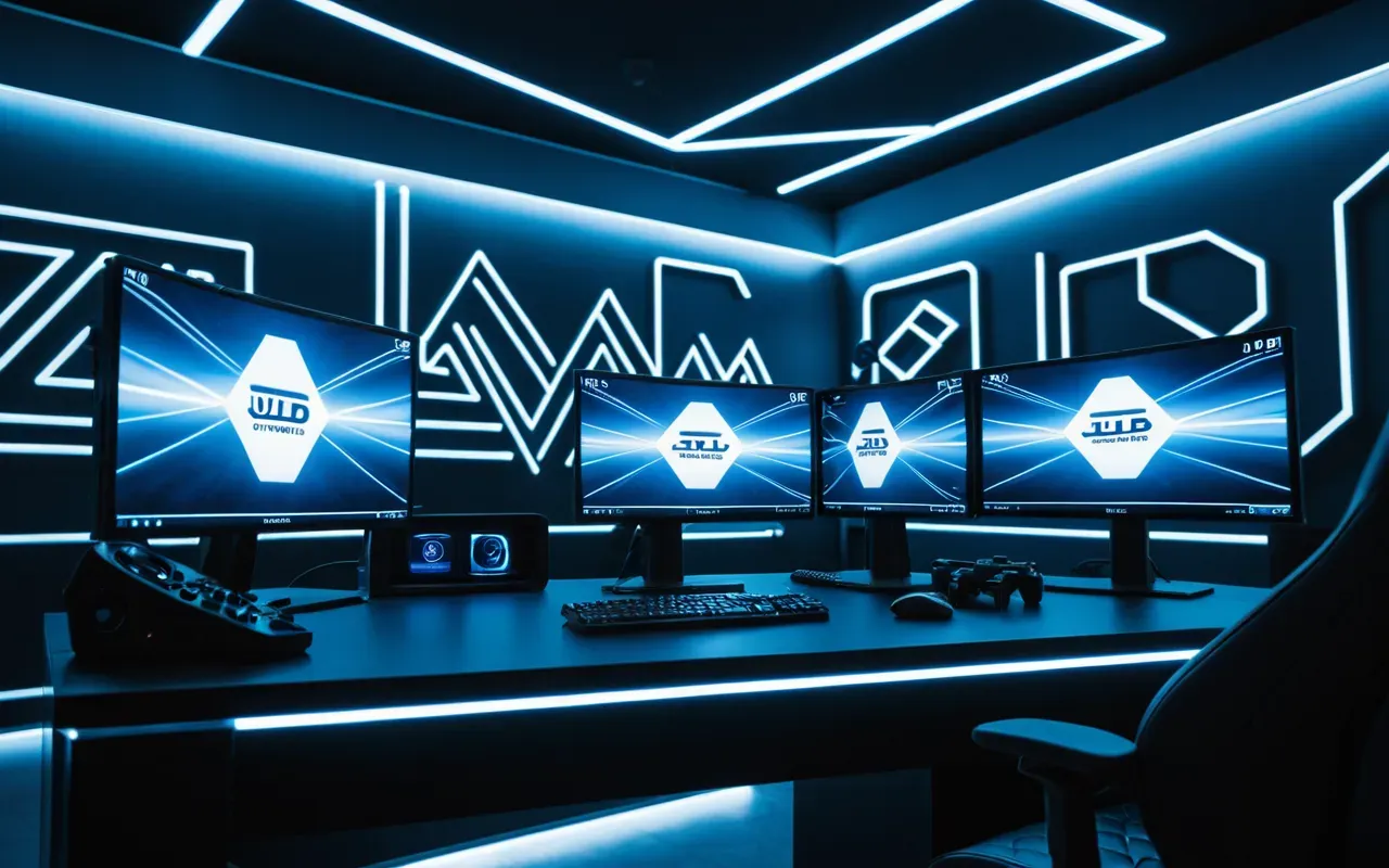 Wide angle shot of a modern gaming room with three monitors displaying abstract geometric shapes and soft blue ambient lighting from LED strips behind the desk setup