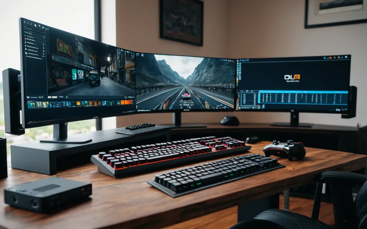 Wide angle shot of a modern gaming setup with dual monitors displaying abstract colorful game interfaces and a high-end mechanical keyboard on a clean wooden desk.
