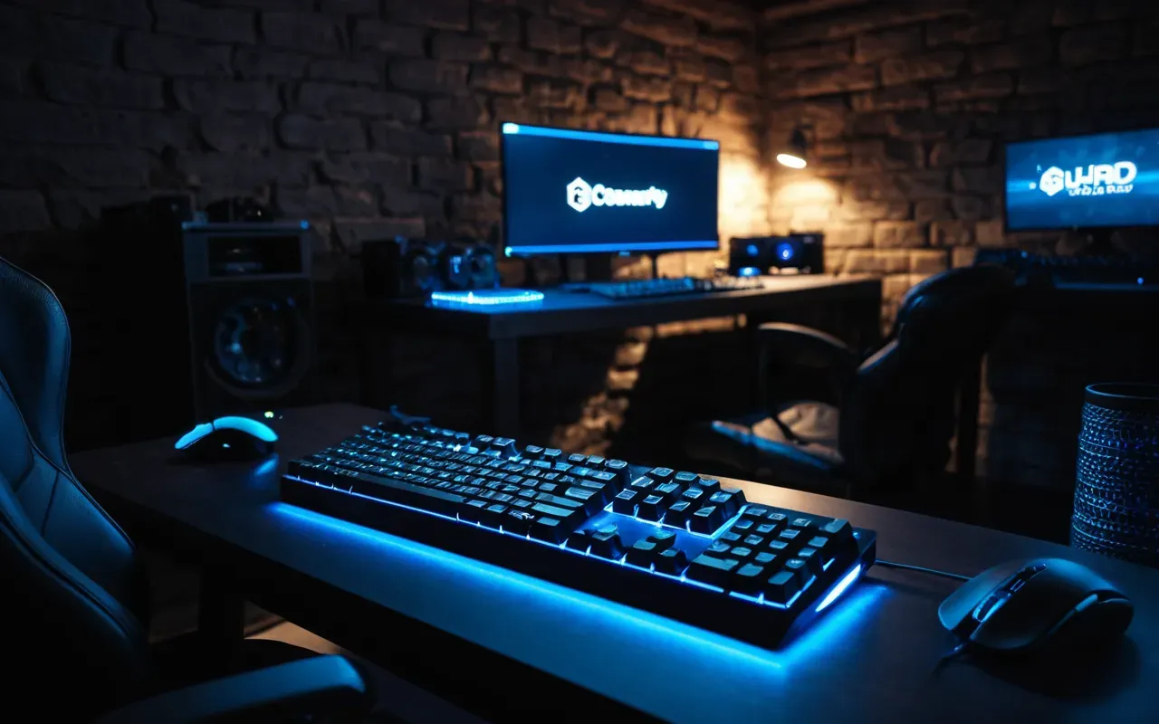 Wide shot of a dimly lit gaming room with a desk setup featuring mechanical keyboard and mouse under blue LED lighting creating a moody atmosphere
