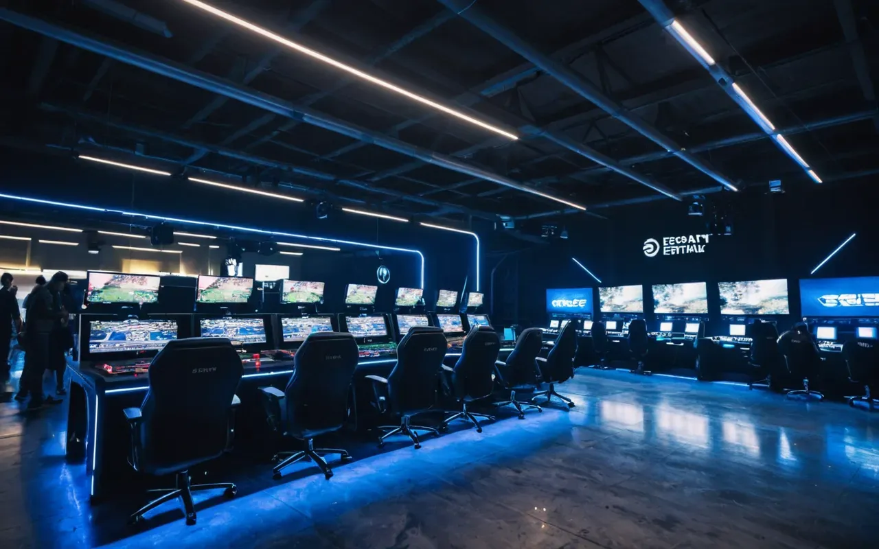 Wide shot of a modern esports arena with rows of gaming stations and blue LED lighting reflecting off polished concrete floors.