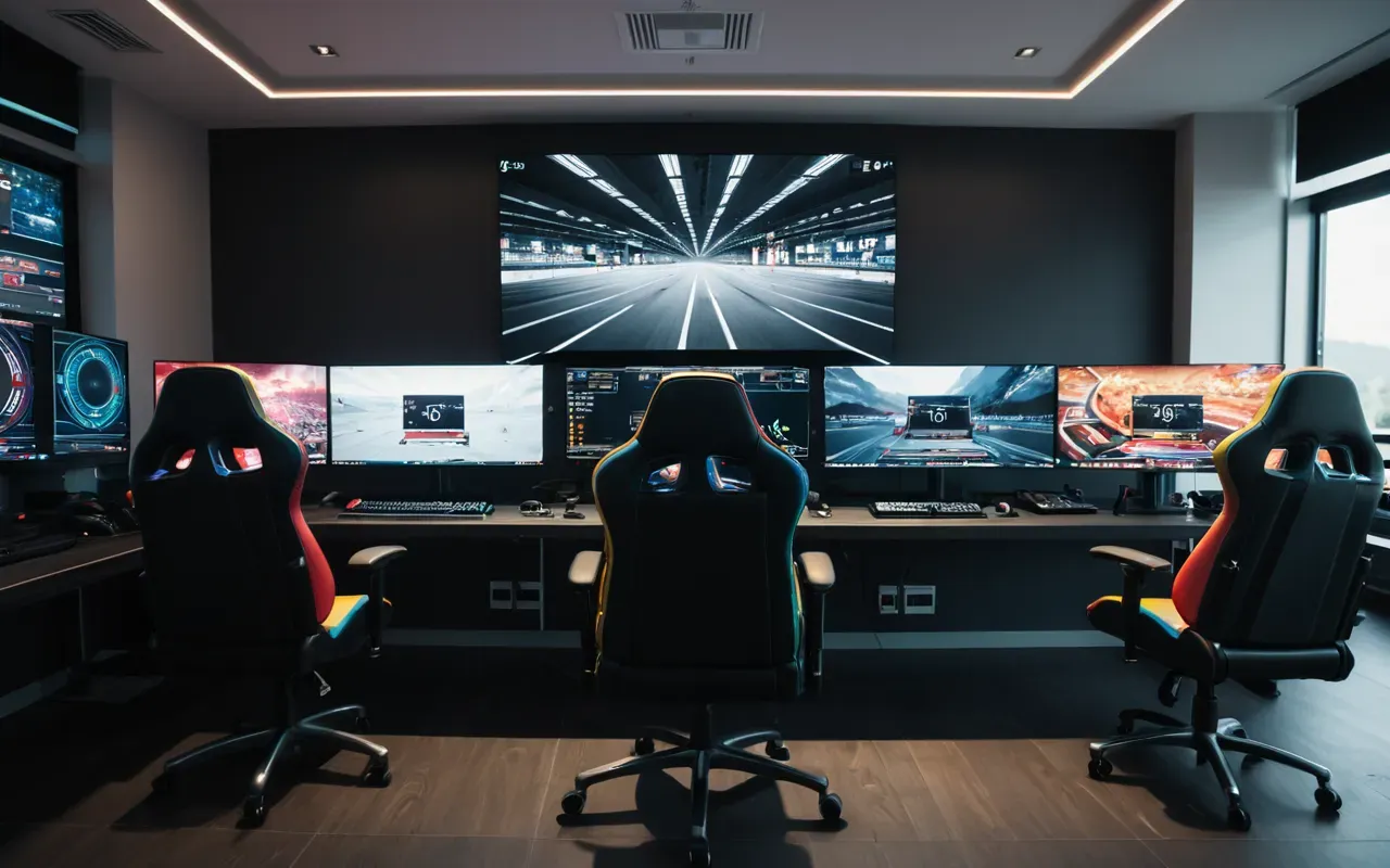 Wide shot of a modern gaming room with multiple monitors displaying colorful abstract graphics and ergonomic chairs arranged neatly in soft ambient light