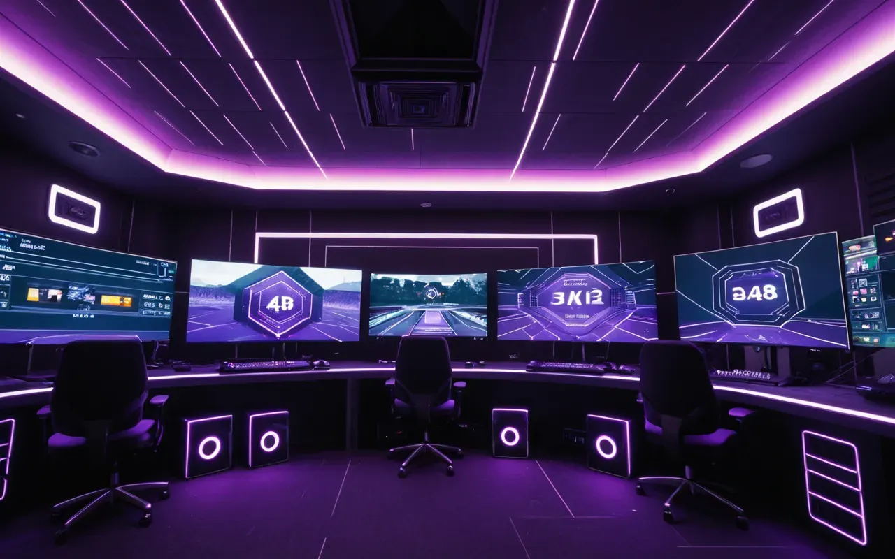 Wide shot of a modern gaming room with multiple monitors displaying abstract geometric patterns and soft ambient purple lighting creating a focused atmosphere.